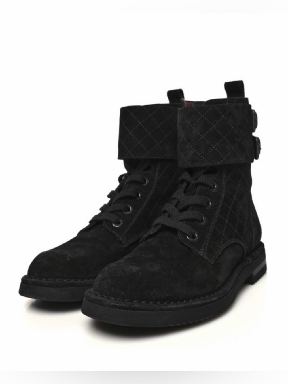 CHANEL Quilted Suede Combat Boots – Black Lace Up